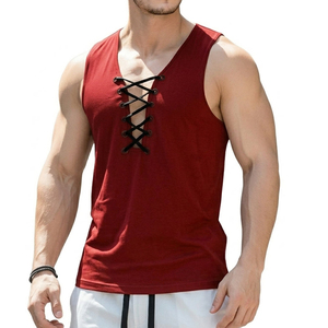 OEM Men's Fashion V-Neck Lace Up Tank Tops Custom Pattern Sleeveless Summer Tees Casual Street Wear Bulk Order Tank Tops For Men - Product Image 2