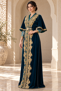 Luxury Deep <b>Teal</b> Velvet Moroccan Caftan with Gold Floral Embroidery and Belt for Women <b>Wedding</b> Dinner Gala Traditional Arab Wear - Product Image 2
