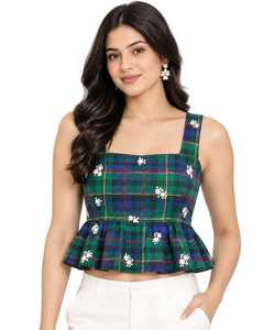 Wholesale Tartan Plaid Cotton Fabric with Multi-Color Windowpane Checks and White 3D Floral Appliques for Designer Apparel - Product Image 6