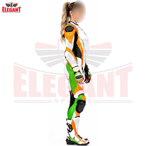 Combinaison de moto en cuir une pièce pour femme, nouvelle tendance, color block orange, vert et blanc, avec protections coulissantes, marque privée - Product Image 4