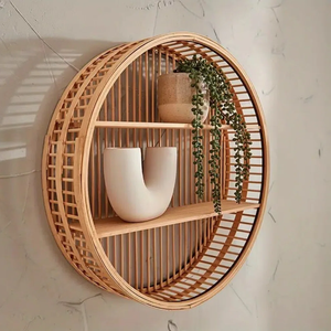 Minimalist Vertical Rods Form A Stunning Circular Bamboo Wall <b>Shelf</b> That Perfectly Complements Scandi Home Styles - Product Image 1