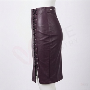 Jupe crayon taille haute en similicuir pour femme, couleur unie, avec lacets sur le devant, longueur genou, mini-jupe moulante - Product Image 3