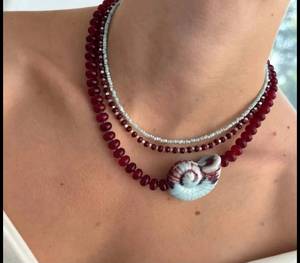 Boho Layered Red Beaded Necklace <b>for</b> <b>Women</b> with Spiral Shell Pendant <b>Choker</b> - Product Image 1