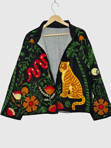 Veste en velours brodée de fleurs, col mandarin, manches longues, grande taille, style Prairie Chic pour femmes, style automne - Product Image 4