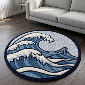 Ocean Wave Hand Tufted Wool Anti-Slip Area Rug Blue White Modern Design Soft Decorative Carpet Living Room Bedroom Decor - Product Image 6