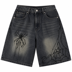 Shorts en jean noir délavé personnalisés avec motif toile d'araignée, style streetwear ample, vintage et gothique - Product Image 2