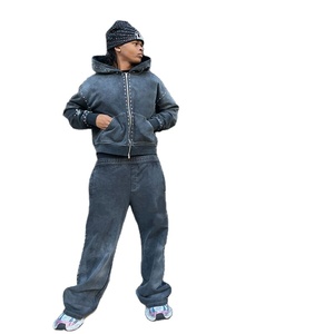 <b>Men's</b> Oversized Full Zip Hoodie <b>Pants</b> Set Acid Washed Print 100% Cotton Winter <b>Crop</b> Hoodie with Rhinestone Logo Front Located - Product Image 6