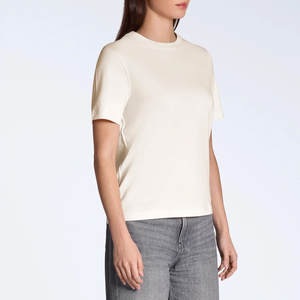 T-shirt pour femme en coton 100% crème, col rond, coupe classique, manches courtes, style minimaliste uni, respirant, tissu jersey, toutes saisons - Product Image 3
