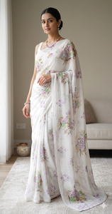 Sari de Georgette con estampado de señales, exquisito sari blanco de Georgette sintética con sinfonía floral y delicados detalles geométricos en lavanda. - Product Image 2