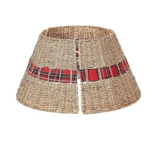 Rustic Woven Seagrass Christmas Tree Collar with <b>Red</b> Plaid <b>Ribbon</b> Tree Base Cover - Product Image 3