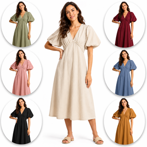 Robe midi bohème en coton et lin, unie et respirante, à manches bouffantes - Robe de soirée élégante à col en V et taille naturelle pour femme - Product Image 2