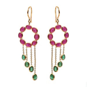 Natural Ruby and <b>Emerald</b> Floral Drop <b>Earrings</b> in Solid 18K Yellow <b>Gold</b> – Bezel Set Pear Gemstone Flower Dangles - Product Image 2
