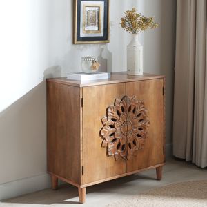 Credenza Rustica Boho con 2 Ante in Legno Massello Intagliato a Mano con Design Floreale per Soggiorno - Product Image 3