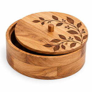 Boîte à roti ronde en bois artisanale, écologique, durable, étanche, 30 cm, avec couvercle en bois, design moderne, pour le stockage et la présentation des aliments lors de mariages - Product Image 5