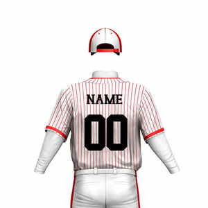 Ensemble d'uniformes de baseball personnalisés pour hommes, maillot rayé rouge et blanc, pantalon respirant en polyester, tenue d'équipe toutes saisons - Product Image 6