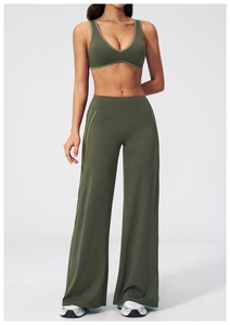 Olive Green 2Piece Yoga Set Racerback <b>Crop</b> <b>Top</b> High Waist Flared Pants Breathable Spandex Polyester Solid Color Contrast Binding - Product Image 3