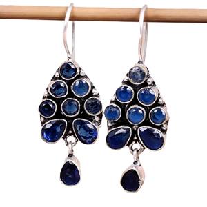 Boucles d'oreilles pendantes en laiton plaqué argent avec onyx bleu, faites à la main, pierres précieuses facettées, style bohème, pour femme - Product Image 1