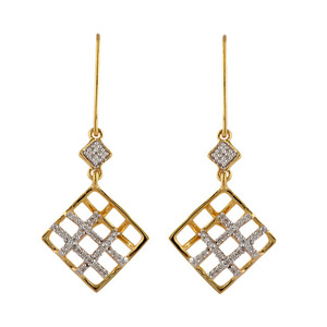 Pendientes colgantes con forma de diamante geométrico a la moda, con brillantes detalles de piedras CZ, diseño de entramado chapado en oro, elegantes para mujer - Product Image 1