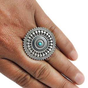 Antique Design Artisan Bohemian <b>Ring</b> Comes With A Small Round Cut <b>Turquoise</b> Gemstone Crafted From Solid 925 Sterling Silver - Product Image 4