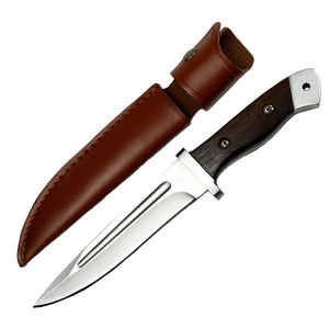 Couteau de chasse et de pêche à lame fixe en acier inoxydable, manche en bois, couleur/logo personnalisable avec étui en cuir - Product Image 1