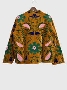 Veste en velours brodée à la main avec des motifs floraux, manches longues, col montant, taille plus, vêtements d'automne pour femmes - Product Image 2