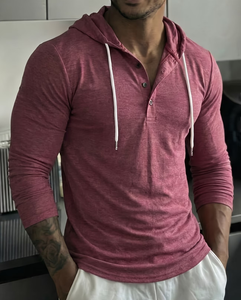 Men's Vintage Style Casual Plus Size Comfortable Skin-Friendly Trendy Home Wear Button-Up Hooded Long Sleeve Henley Sweatshirt - Product Image 1