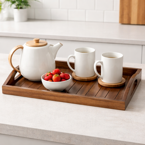 Plateau de service rectangulaire en bois massif durable et personnalisé avec poignées, plateau décoratif pour salon, chambre, entrée et cuisine - Product Image 5