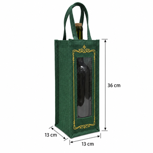 Green Laminated Jute Wine <b>Bottle</b> <b>Gift</b> <b>Bag</b> 13x36x13 cm PVC Window Golden Print Wholesale OEM Private Label SNC45A for Bulk Orders - Product Image 5