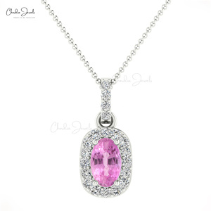 Handmade 14k <b>Solid</b> <b>Gold</b> Natural 7x5mm Oval Cut Pink Sapphire & Diamond Halo <b>Pendant</b> Wholesale Wedding <b>Pendant</b> Jewelry Supplier - Product Image 2