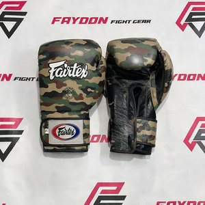 Gants de boxe Muay Thai Fairtex personnalisés imprimés camouflage noir, best-sellers, en cuir de vachette professionnel, toutes les couleurs disponibles - Product Image 1