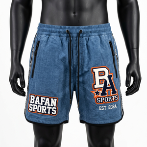 Premium 120 GSM polyester <b>windbreaker</b> shorts men blue denim look training shorts zipper pocket chenille logo Nylon Plain Dyed - Product Image 1