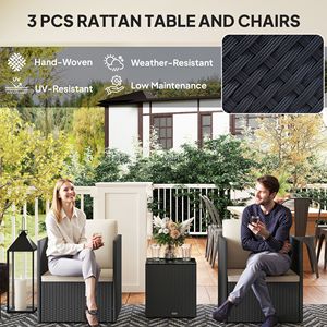 Set di Mobili da Giardino in 3 Pezzi Neri con Cuscini Lavabili e Piedini Regolabili, Include Tavolino in Vetro per Giardino e Balcone - Product Image 4