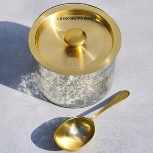 Premium Gold Brass Finish Glass Jar Set Hammered Texture Food Storage Canister Dessert & Candy Jar with Serving Spoon Canister - Product Image 1