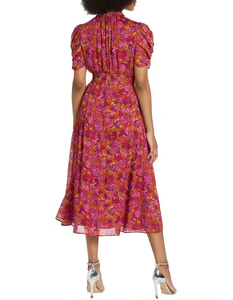 Elegant Vibrant Multi-Tonal Floral Print Casual Tea-Length A-Line <b>Dress</b> Short Sleeve Gathered Neckline Hip <b>Pockets</b> Ruffle Detail - Product Image 2