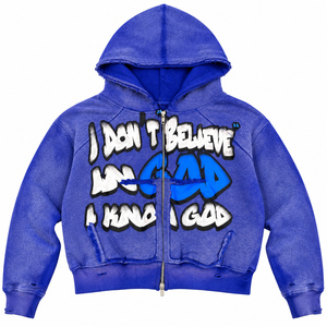 Sweat à capuche zippé personnalisé, coupe oversize, effet délavé, style streetwear, imprimé graffiti en relief, unisexe - Product Image 1