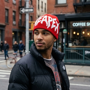 Red White Graphic Knit Beanie Hat Custom Logo Ribbed <b>Winter</b> <b>Cap</b> Unisex Streetwear Fashion Headwear Wholesale OEM Manufacturer - Product Image 2