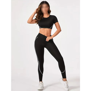 Conjunto de 2 Piezas de Leggings de Yoga para Mujer, Diseño Oxford a Rayas de Color Contrastante, Corte Regular, Transpirable, de Secado Rápido, 100% Algodón, Amazing Industries - Product Image 6