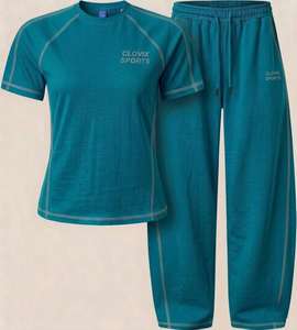 Ensemble de vêtements de sport respirants pour femmes CLOVIX SPORTS, t-shirt à manches courtes vert olive et pantalon de survêtement long - Product Image 4