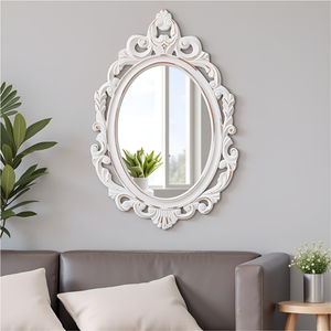 Miroir mural ovale orné vintage avec cadre en bois blanc, miroir décoratif de style antique pour salon, couloir, salle de bain - Product Image 1