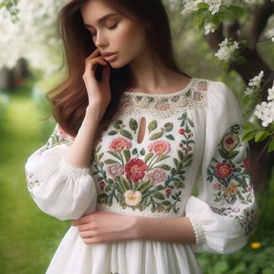 Hand-Embroidered White Cotton Boho Maxi <b>Dress</b> Vibrant Floral <b>Pattern</b> Elegant Keyhole Neckline0 Artisanal Puff Sleeve Long <b>Dress</b> - Product Image 1