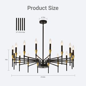 Lámpara de Araña Moderna de 37.63 Pulgadas, Estilo Granja, 16 Luces, Color Negro y Dorado, Lámpara Colgante Grande Tipo Vela para Mesa de Comedor, Diseño Exclusivo de Livi - Product Image 1