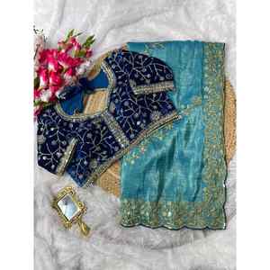 ATRACTIVE GOLD CRUSH BORDADO SECUENCIA TRABAJO SAREE CON BLUSA COSTADA SKY - Product Image 1