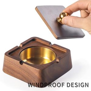 Cendrier moderne en bois de noyer anti-poussière et anti-fumée, design créatif avec couvercle carré, construction portable en acier inoxydable pour usages multiples - Product Image 2