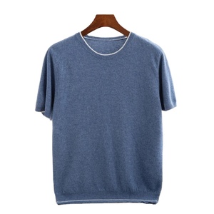 Camiseta para hombre, novedad de verano 2025, camiseta sin mangas de punto, suéter de cuello redondo con bloque de Color a la moda, suéter de manga corta de lana pura 100% - Product Image 3