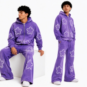 Ensemble sweat à capuche et pantalon de survêtement évasé en molleton épais personnalisé pour homme, avec impression sérigraphiée en relief de haute qualité, style vintage premium Crystal Suit - Product Image 5