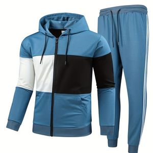 Men Color Block Tracksuit Full <b>Zip</b> <b>Hooded</b> Sweatshirt and Straight Leg Jogger Pants Streetwear Gym Set - Product Image 2