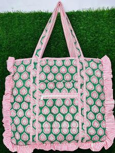 Bolsa de Mano de Lujo de Algodón con Volantes, Hecha a Mano, con Estampado de Bloques, Acolchada, para Compras, Oficina, Supermercado, Playa, Viajes, Reutilizable - Product Image 3