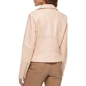 Veste moto en cuir PU beige pour femme, manches longues, fermeture éclair, col montant, couleur unie, vêtement d'automne - Product Image 4