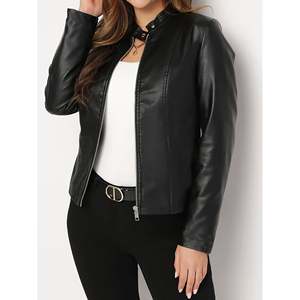 Blouson moto en cuir double face imprimé pour femme, manches longues, col montant, fermeture éclair, style motard noir, pour l'automne, couleur citrouille - Product Image 3
