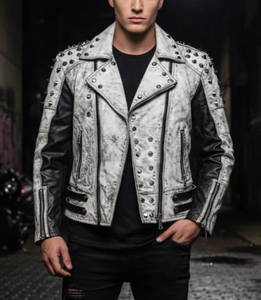 Blouson de motard en cuir clouté gris délavé personnalisé pour homme, manches noires, clous métalliques, style gothique punk rock, streetwear - Product Image 3